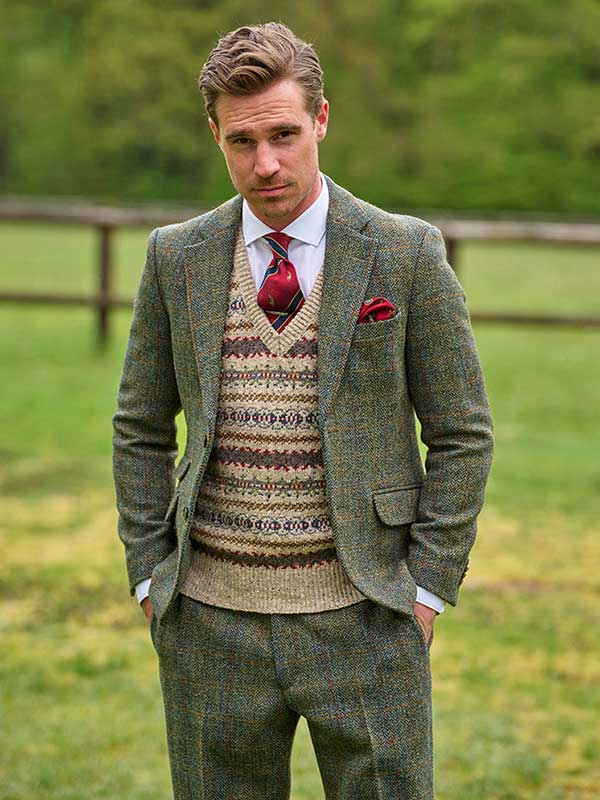 Harris Tweed Sakko ''London'' In Oliv-Blue Overcheck