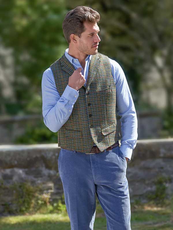 Harris Tweed Weste "Wales" In Green Castle