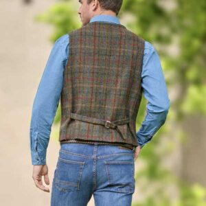 Harris Tweed Weste mit Revers 650 ”Wales” in oliv-blue Overcheck