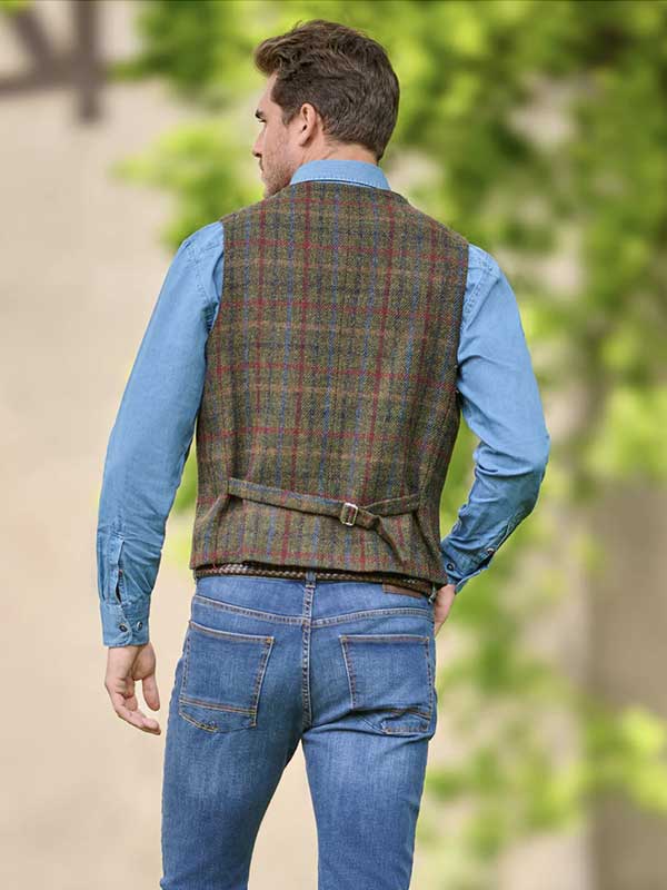 Harris Tweed Weste mit Revers 650 ”Wales” in oliv-blue Overcheck