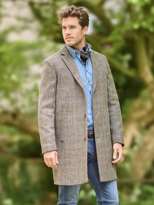 Harris Tweed Mantel "Barney" Für Herren In Green-Blue Herringbone