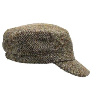 Harris Tweed Damen-Kadettenmütze, grün-braunes Fischgrätenmuster