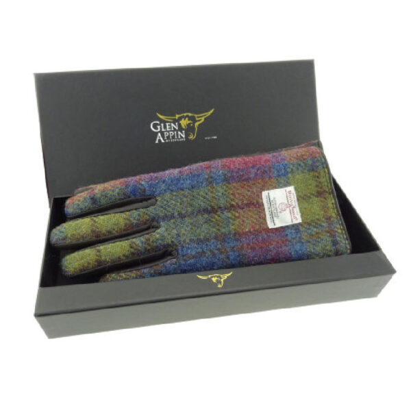 Ladies Brown Leather &Ladies Brown Leather & Harris Tweed Gloves Boxed in Multi Tartan