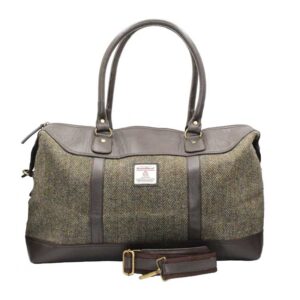 Harris Tweed Brodie Leder-Reisetasche, Grün-Braun-Fischgrätmuster
