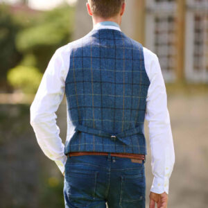 Harris Tweed Weste ''Wales'' In Blue Overcheck