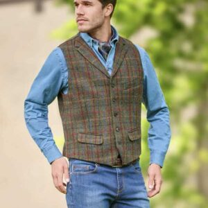 Harris Tweed Weste mit Revers 650 ”Wales” in oliv-blue Overcheck