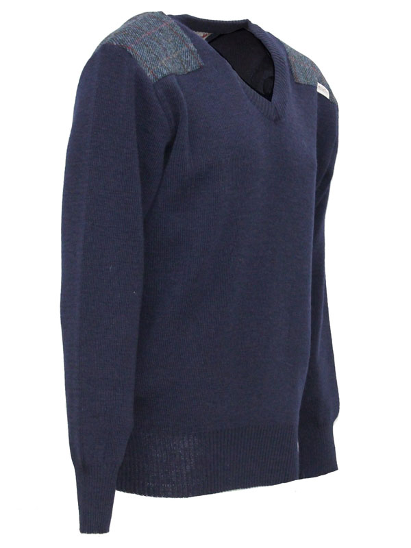 Pullover mit V-Ausschnitt und Harris-Tweed-Applikationen, Marineblau