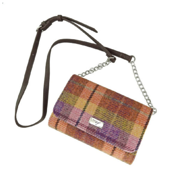 Harris Tweed 'Strathy' Wallet Shoulder Bag in Peach and Purple Tartan