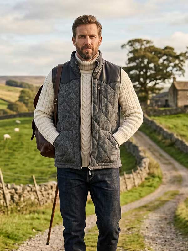 Gefütterte Harris Tweed Weste “Levi” Mit Leder Applikationen In Anthra Herringbone