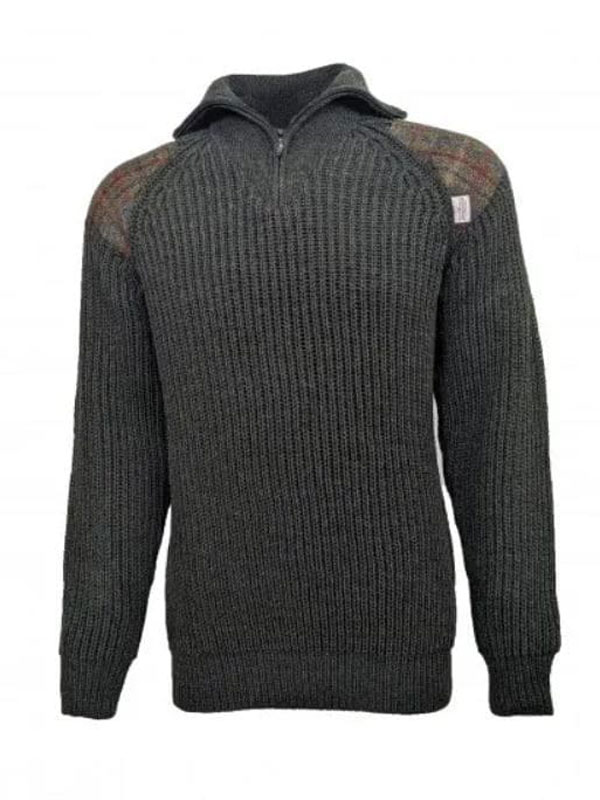 Grobstrickpullover mit Viertelreißverschluss (5 Gauge) und Harris-Tweed-Einsätzen, moosgrün
