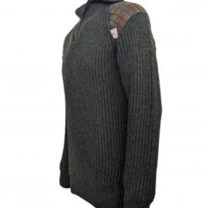 Grobstrickpullover mit Viertelreißverschluss (5 Gauge) und Harris-Tweed-Einsätzen, moosgrün