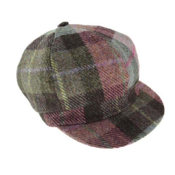 Harris Tweed Damenmütze in Einheitsgröße, gedecktes Grün und Rosa-Tartan