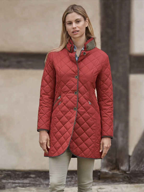 Steppmantel ''Gabby'' Mit Tweed Besatz In Red Dahlia