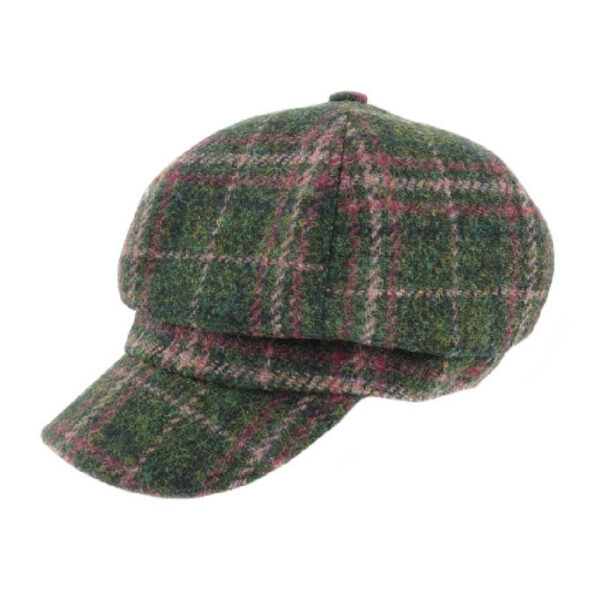 Harris Tweed One Size Ladies Cap in Dark Green & Plum Check