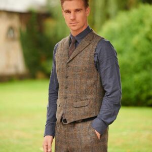 Harris Tweed Weste "Wales" In Green Blue Herringbone