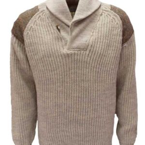 Grobstrickpullover mit Schalkragen und Harris-Tweed-Einsätzen, hellgrau, walisisch