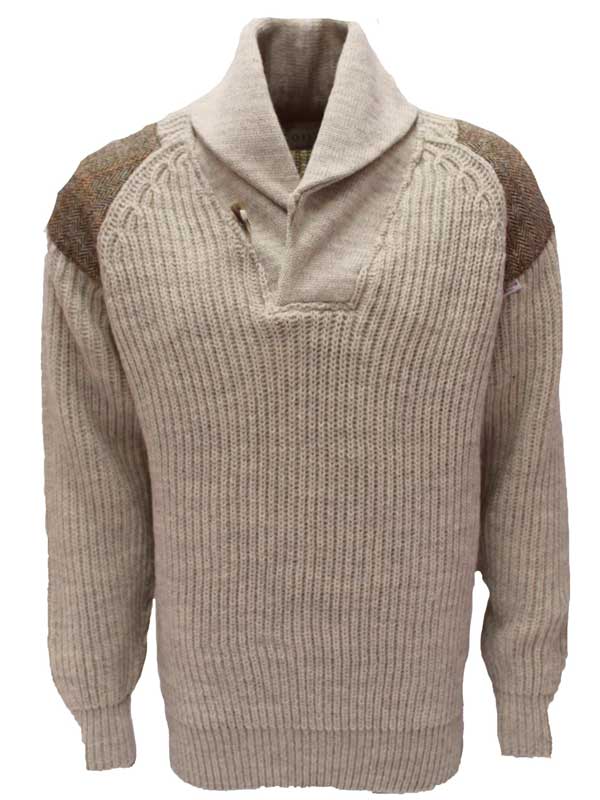 Grobstrickpullover mit Schalkragen und Harris-Tweed-Einsätzen, hellgrau, walisisch