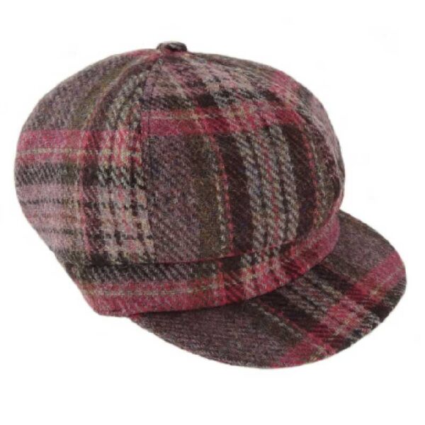 Harris Tweed Damenmütze Einheitsgröße in Burgunderrot und Rosa Stewart Tartan