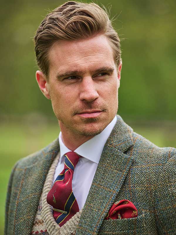 Harris Tweed Sakko ''London'' In Oliv-Blue Overcheck
