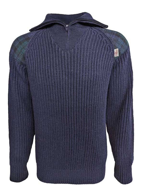 Pullover mit Reißverschluss und Harris-Tweed-Applikationen, Marineblau