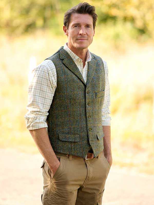 Harris Tweed Weste ''Wales'' In Oliv-Blue Overcheck