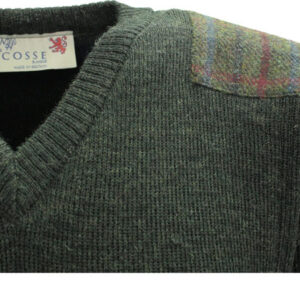 Pullover mit V-Ausschnitt und Harris-Tweed-Applikationen, Moosgrün