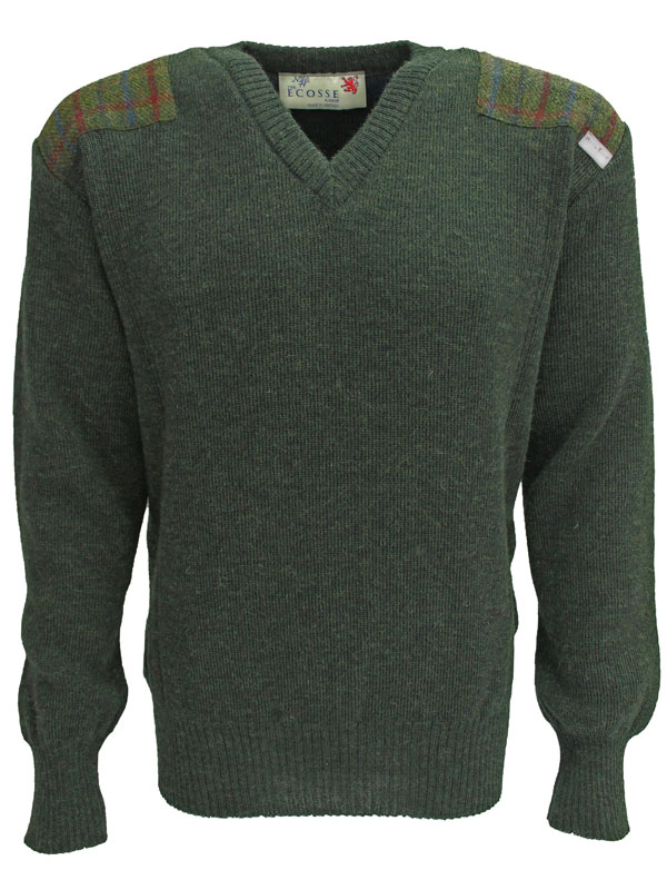Pullover mit V-Ausschnitt und Harris-Tweed-Applikationen, Moosgrün
