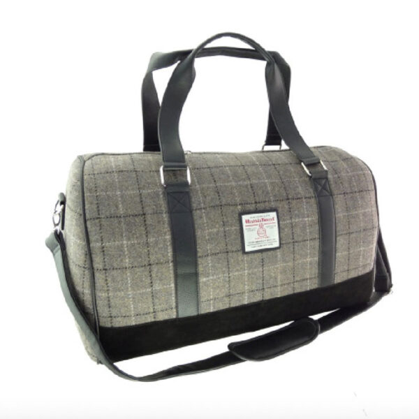 Harris Tweed „Clyde“ Wochenendtasche in Nerz mit schwarzem Karomuster