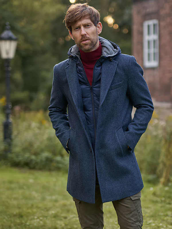Herren Kurzmantel ”Flynston” Mit Westeneinsatz In Blue Herringbone