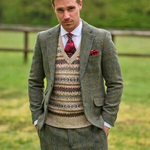 Harris Tweed Sakko ''London'' In Oliv-Blue Overcheck