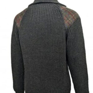 Grobstrickpullover mit Viertelreißverschluss (5 Gauge) und Harris-Tweed-Einsätzen, moosgrün