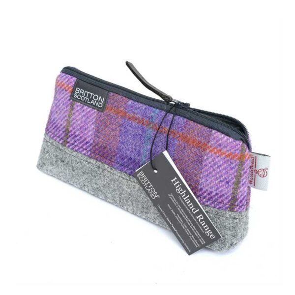 Kosmetiktasche aus Harris Tweed Highland Range, rosa-lavendelfarben kariert