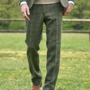 Harris Tweed Hose ''Mr. Miller " In Oliv-Blue Overcheck