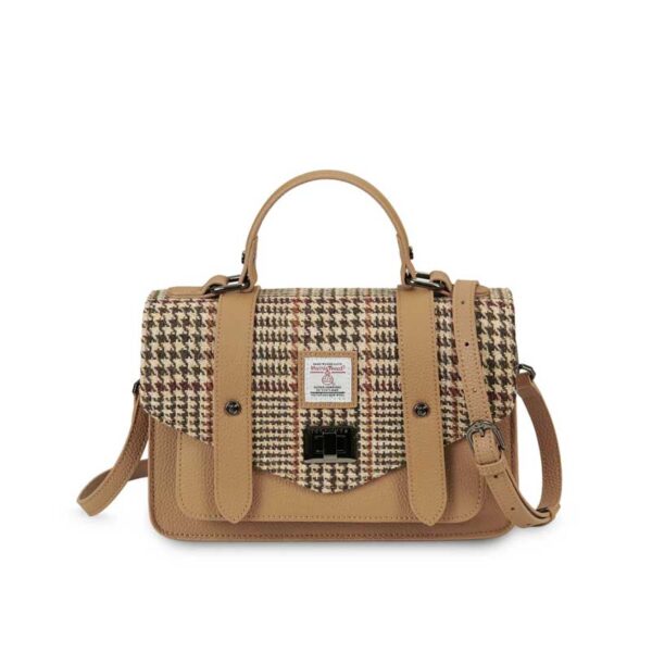 Harris Tweed Clutch, The Leather Medium Satchel, Islander, Beigefarbener Hahnentritt