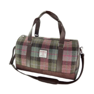 Harris Tweed „Clyde“ Wochenendtasche In Gedecktem Grün & Rosa Tartan
