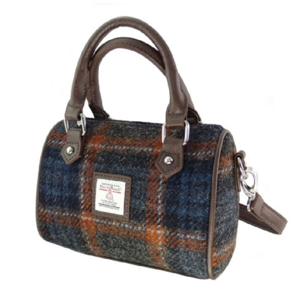 Harris Tweed 'Kilbride' Mini-Bowlingtasche in Grau mit rostfarbenem Karomuster