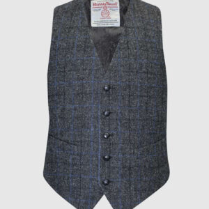 Harris-Tweed-Strickjacke, Iain-Weste – Grau/Blau kariert