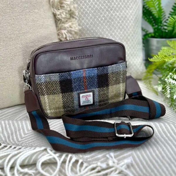 Harris Tweed Kameratasche in Blau/Braun Kariert