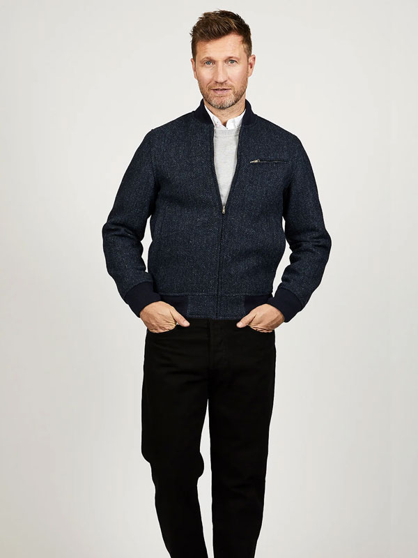 Harris Tweed Baseball Jacket Joe, Navy Herringbone