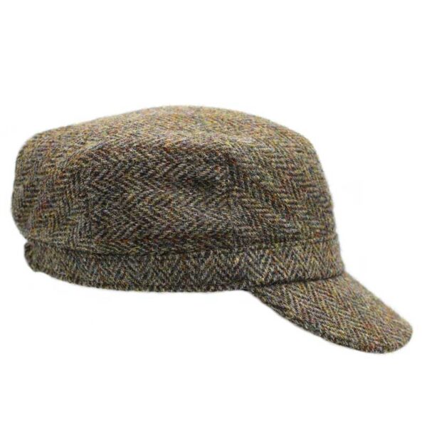 Harris Tweed Damen-Kadettenmütze, grün-braunes Fischgrätenmuster
