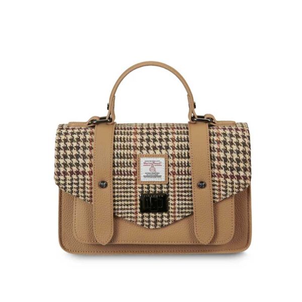 Harris Tweed Clutch, The Leather Medium Satchel, Islander, Beigefarbener Hahnentritt