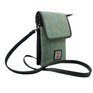 Harris Tweed Mini-Umhängetasche in Türkis-Fischgrätmuster