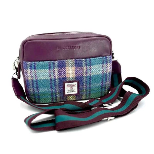 Harris Tweed Kameratasche in Grün/Lila Karomuster