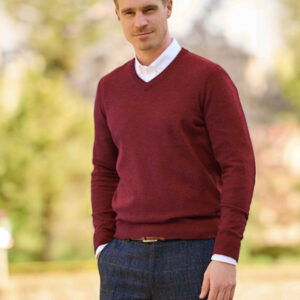 Herren Strickpullover ''Jack'' In Red Dahlia Mit Harris Tweed Applikationen