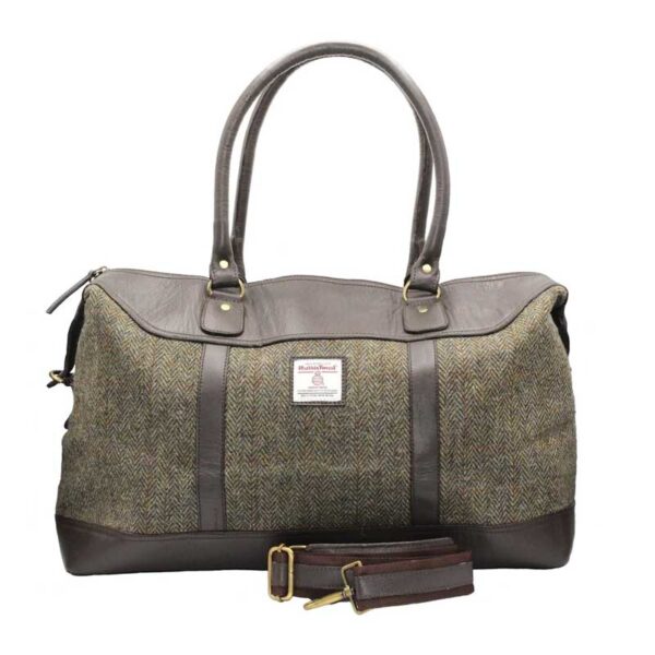 Harris Tweed Brodie Leder-Reisetasche, Grün-Braun-Fischgrätmuster