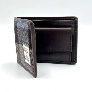 Harris Tweed zweifach faltbares Münzportemonnaie in Blau/Braun kariert