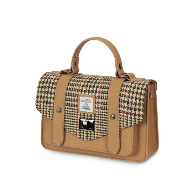 Harris Tweed Clutch, The Leather Medium Satchel, Islander, Beigefarbener Hahnentritt
