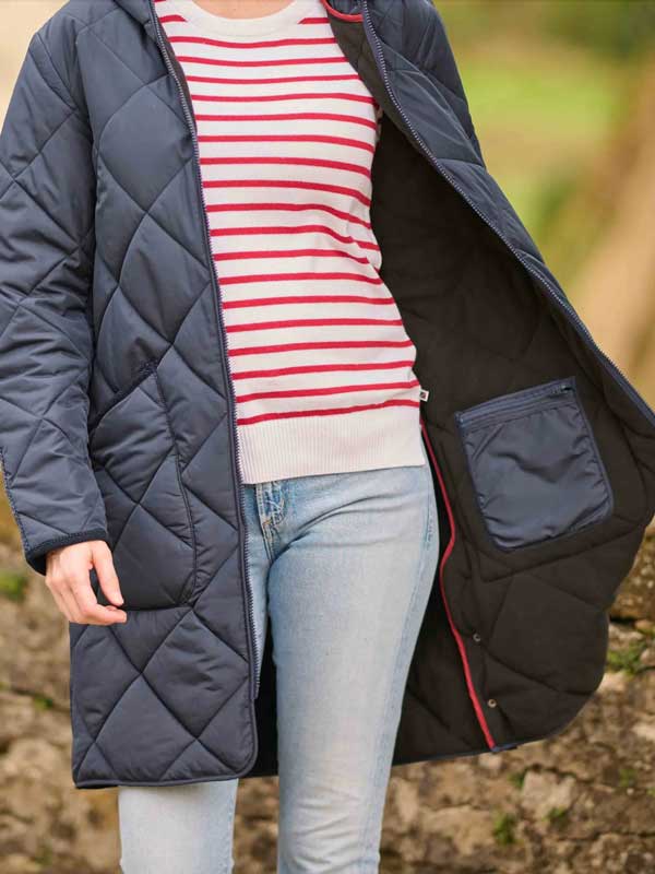 Damen Steppmantel ''Perth Polar'' Mit Polar Fleece Und Harris Tweed Applikationen In Navy