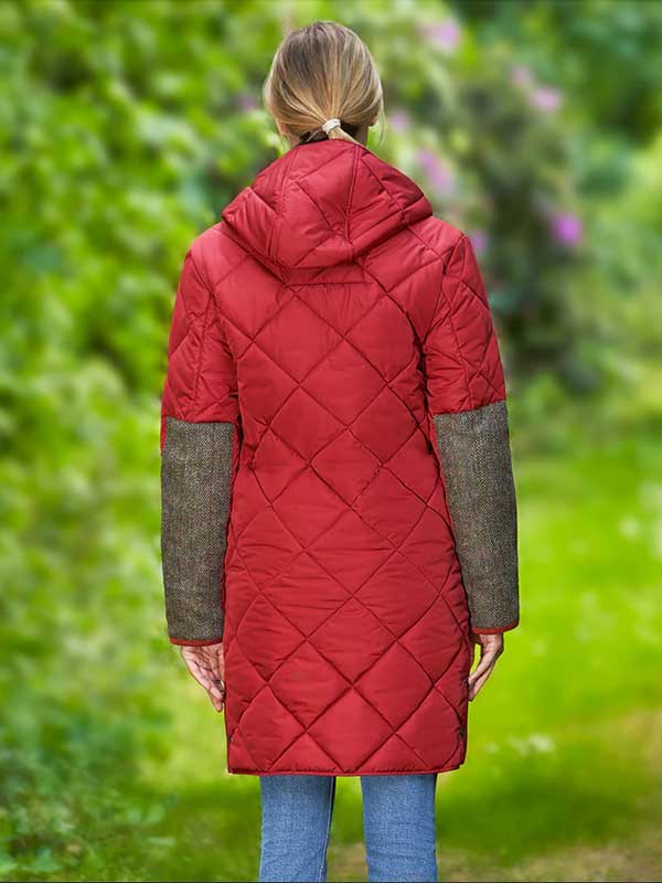 Damen Steppmantel ''Perth Polar'' Mit Polar Fleece & Tweed Applikationen In Red Dahlia