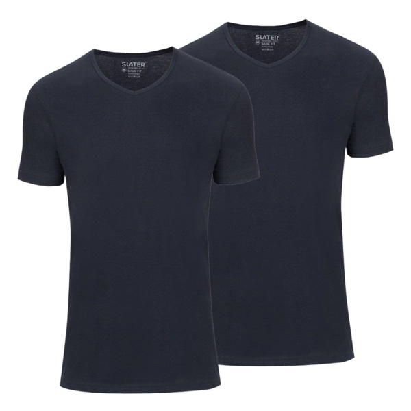 Slater t-shirt basic fit v-hals, 2 pack wit/navy/zwart
